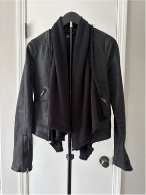 Free People Coated Waxed Denim Drape Front Moto Jacket Black Size 4